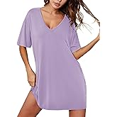 Ekouaer Nightgowns for Women Bamboo Viscose Sleepshirt Short sleeve Nightshirt V Neck T shirt Night gown Boyfriend Sleepwear