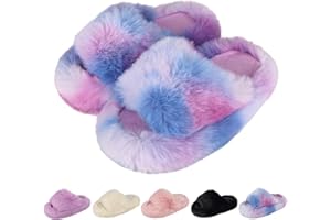 KOUECI Girls Fuzzy Plush Slippers丨Kids Open Toe Fluffy Memory Foam Slippers丨Slip on Warm Soft Furry Slides Indoor Outdoor House Shoes