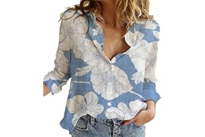 Women's Shirts Floral Print Button Down Shirt Fashion Lightweight Cotton Linen Long Sleeve Blouse Casual Tops