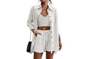 Beyove Women's Cotton Linen Set Casual Tracksuit Button Down 3/4 Sleeve Shirt Drawstring Shorts Pockets 2 Piece Lounge Set