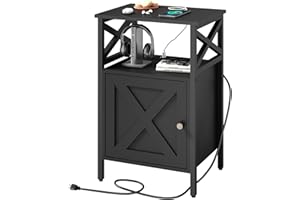 LDTTCUK Side Table with Charging Station, End Table with Power Outlet & USB Ports, Nightstand with 2 Tiers Storage Space and Storage Cabinet, Sofa Side Tables for Bedroom, Living Room,Office,Black