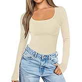 BINOVISOR Square Neck Long Sleeve Bodysuit for Women Slimming Fit Casual Ribbed Knit Body Suit Tops Shirts