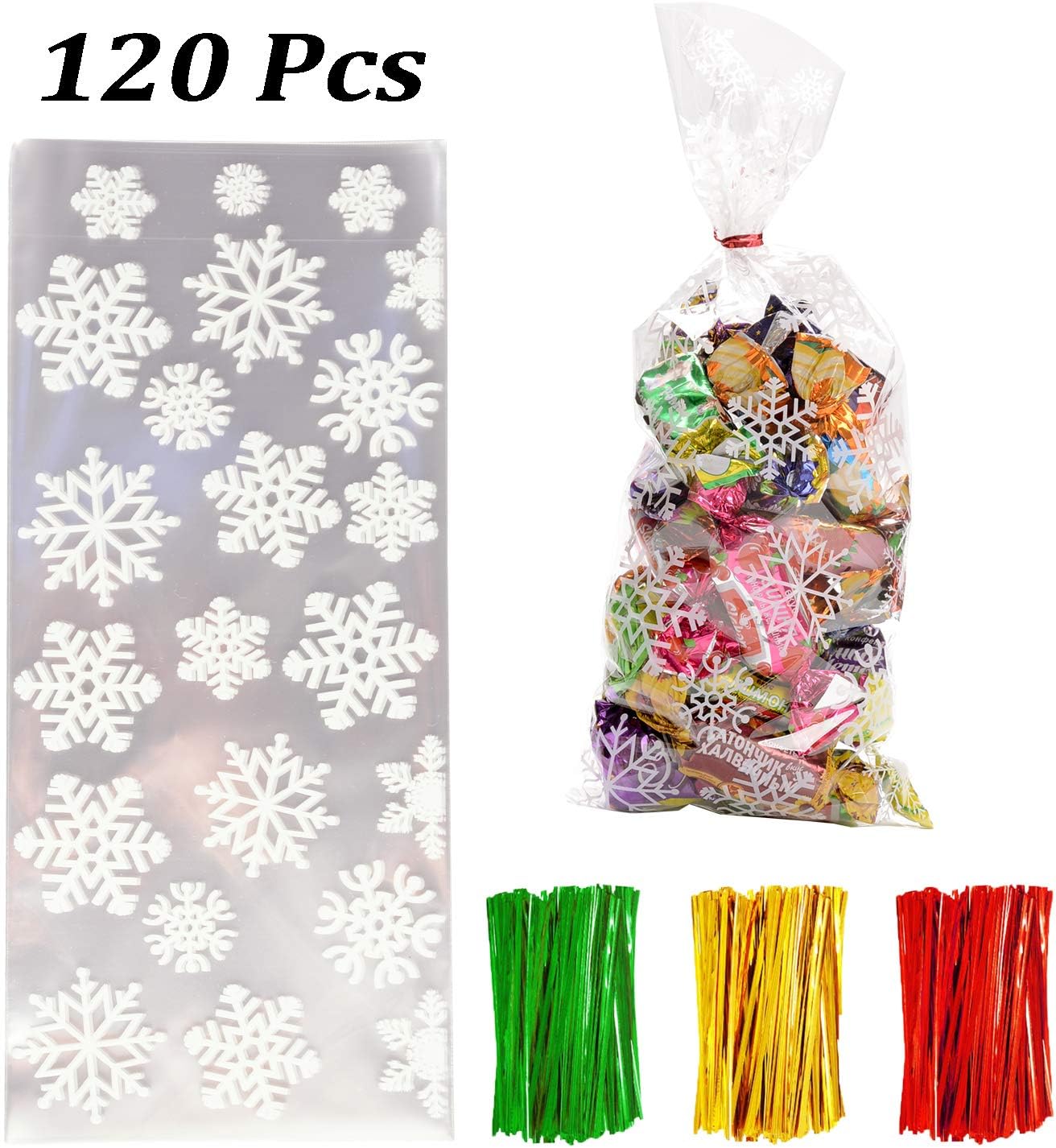 120 Pieces Christmas Cellophane Treat Bags Snowflake Candy Clear Bags Cookie Bags with 150 Pieces Colorful Twist Ties for Christmas Party Supplies (5 x 11 inches)