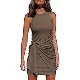 BTFBM Women's 2026 Summer T Shirt Dress Casual Sleeveless Wrap Bodycon Ruched T Shirt Spring Dress Tie Waist Mini Dresses
