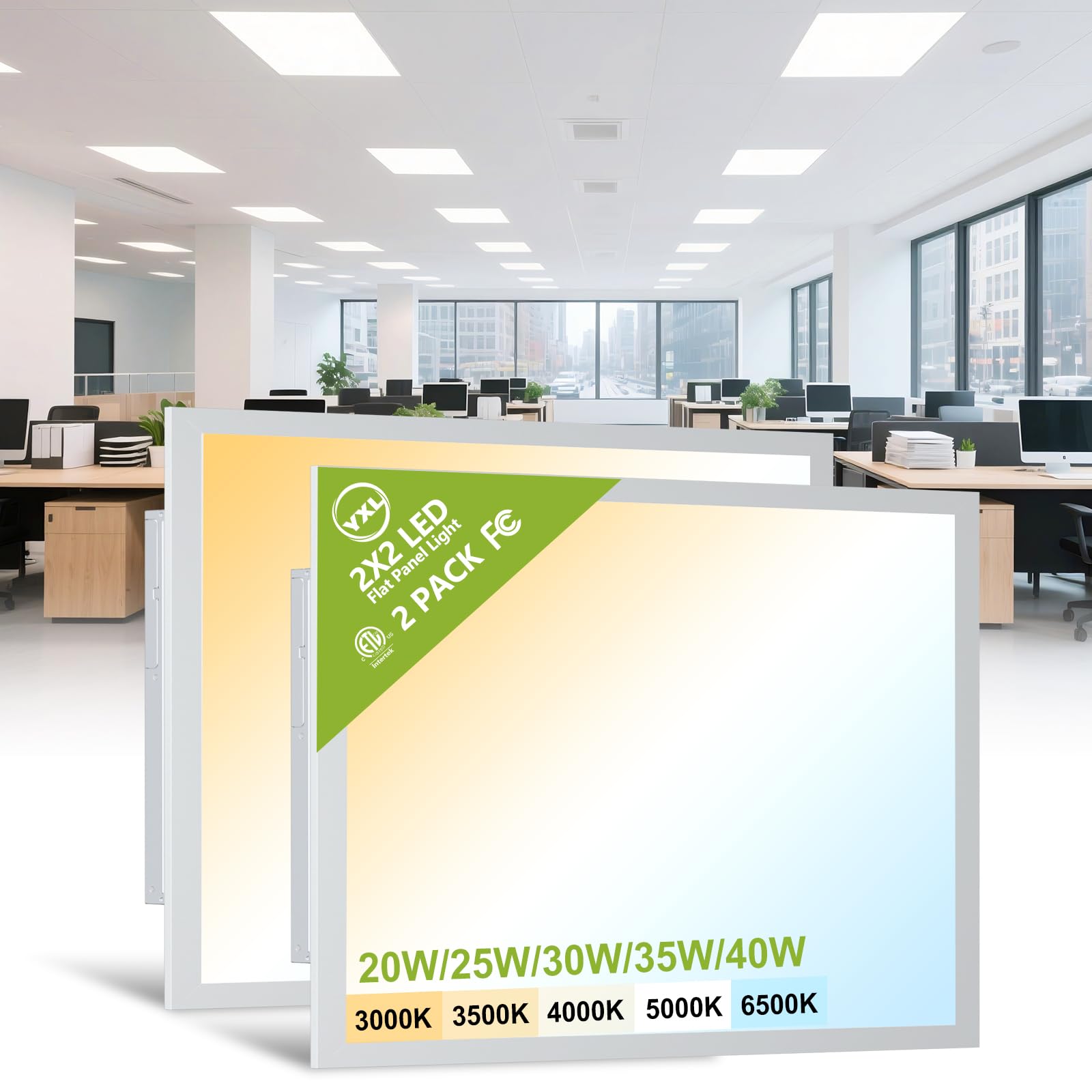 Photo 1 of 2 Pack 2x2 LED Flat Panel Light Drop Ceiling Light Fixture, 5200LM, 5CCT LED Drop Surface Mount Ceiling Office Light, 40W/35W/30W/25W/20W Selectable,6500K/5000K/4000K/3500K/3000K,Dimmable 0-10V,ETL