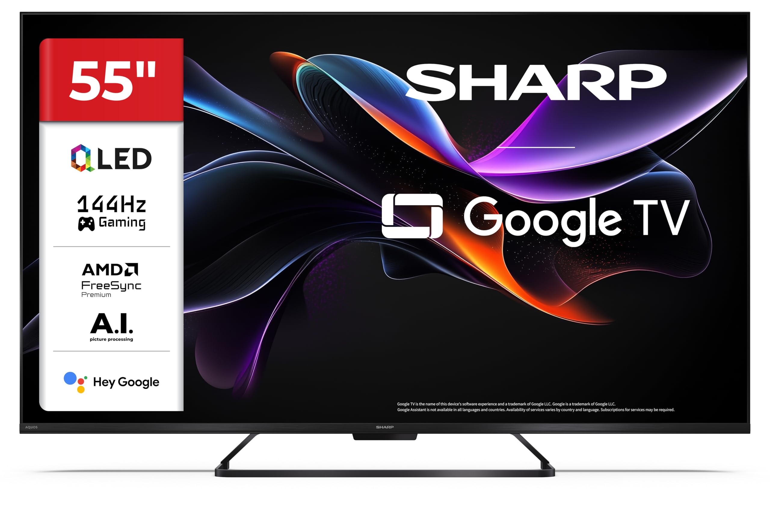 SHARP 55HR7365E – Google TV, 55" UHD, Rahmenlos, 144 Hz, QLED, HDR10, Dolby Vision HDR, Google Assistant mit Mikrofon, Chromecast, Bluetooth, Dolby Atmos 2x12 W, HDMI 2.1 x4, USBx2, Farbe Schwarz