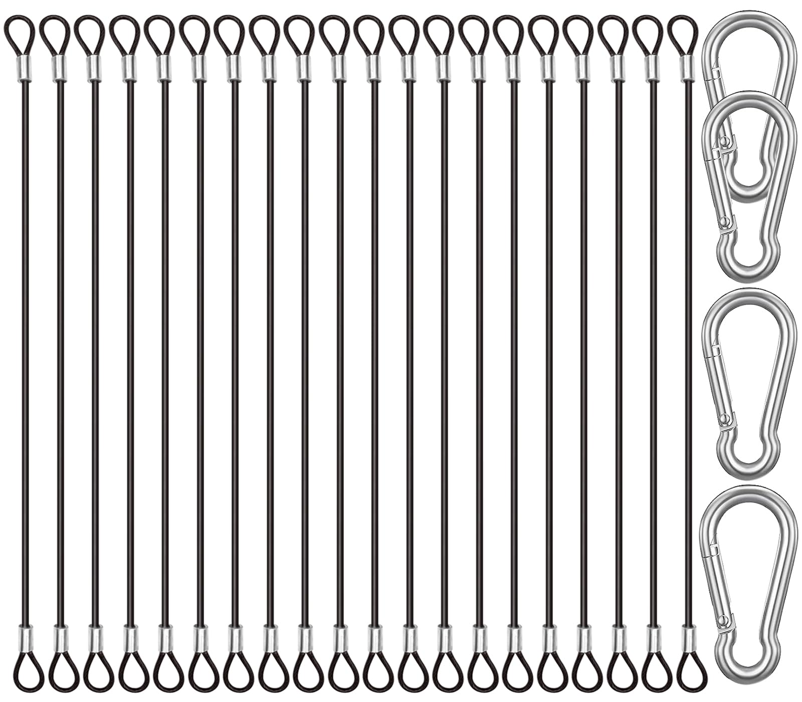 CKANDAY 20 Pack 6 Inch(15cm) Safety Stainless Steel Tethers with 4 Pcs Spring Snap Hook Clips, Steel Wire Cable with Loops Vinyl Cover Coated Short Rope Lanyard Lock Safety Tether Chains, Black — image 1