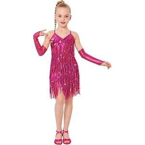 Wenlia Girls Latin Dance Dress Costume 3 Pcs Sequins Fringe Spaghetti-Strap Latin Dancewear 5–12Y