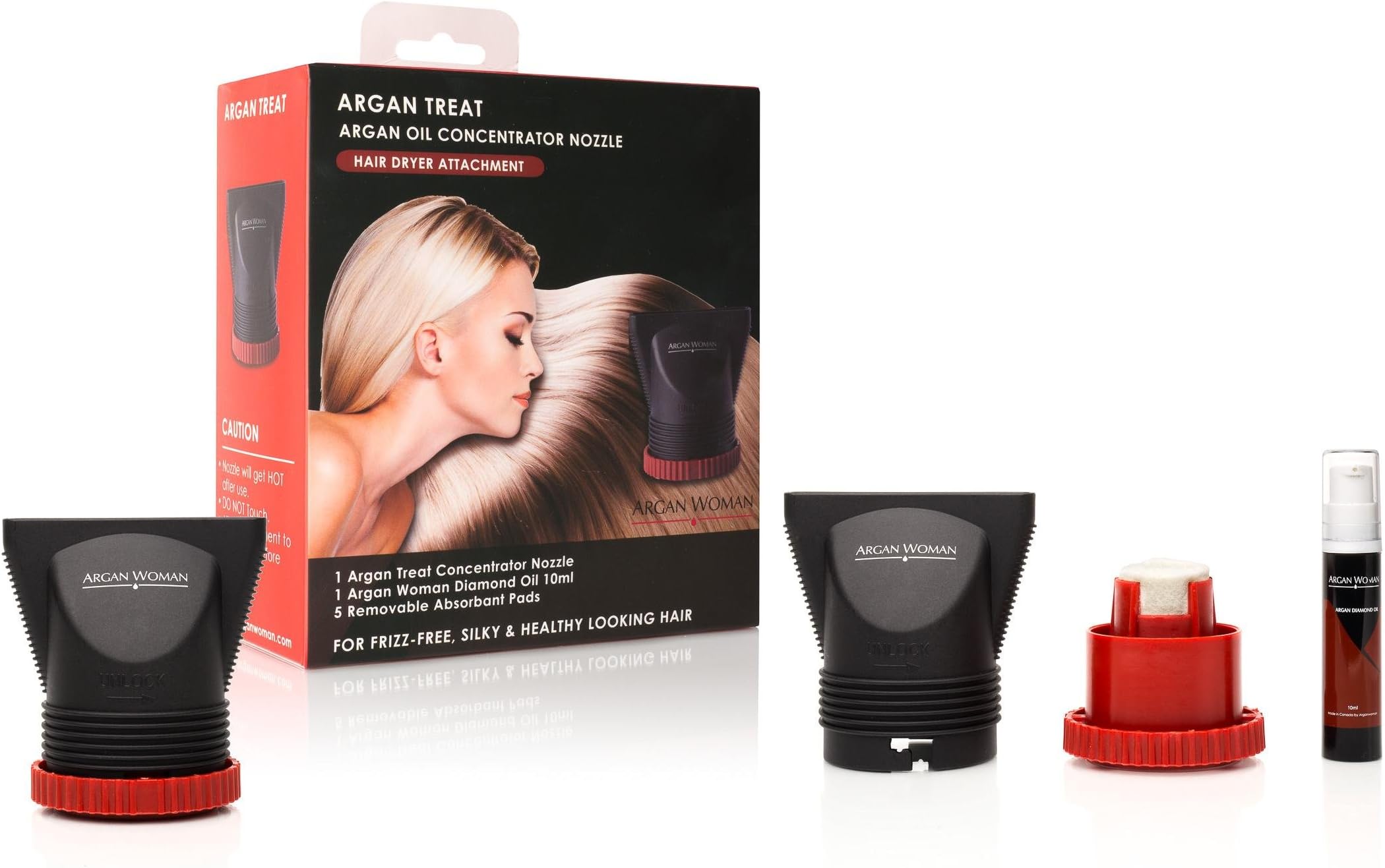 Argan Woman Argan Oil Infusion Dryer Attachment Concentration Nozzle For Women, Black/Red, 1-10ml Argan Diamond Oil Bottles 5 absorbent removable pads