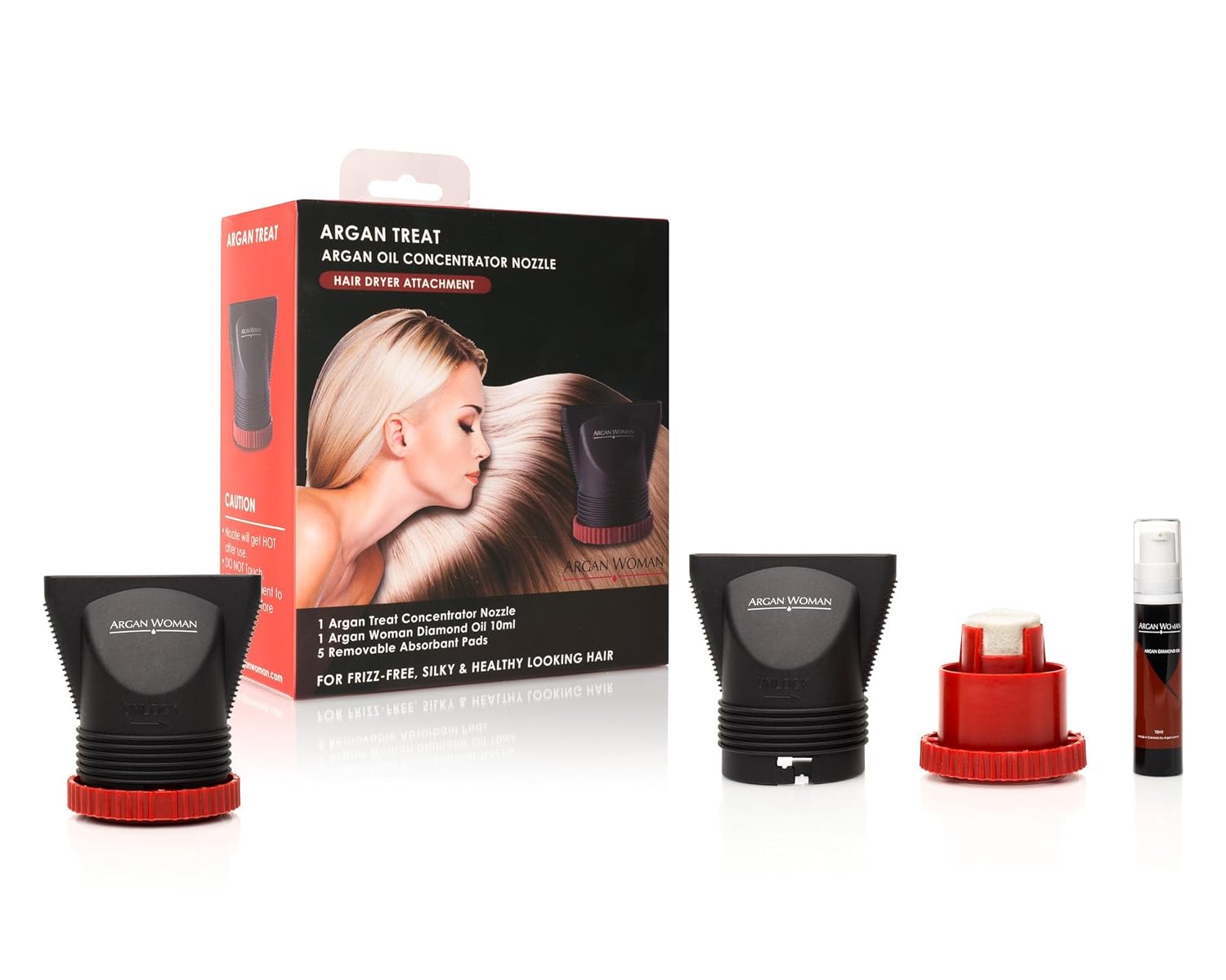 Argan Woman Argan Oil Infusion Dryer Attachment Concentration Nozzle For Women, Black/Red, 1-10ml Argan Diamond Oil Bottles 5 absorbent removable pads