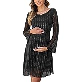 AISWI Sparkly Mesh Mini Maternity Dress Sheer Bell Sleeves Tie Back Pregnant Dresses Baby Shower Photoshoot Casual
