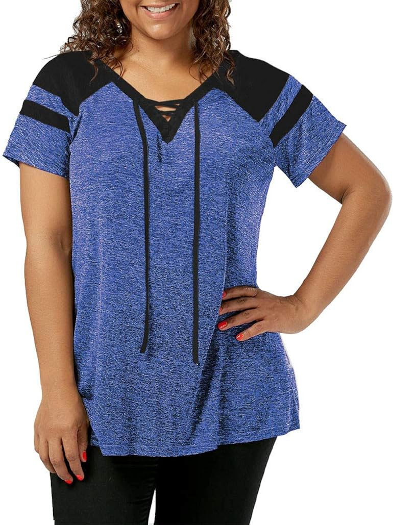 Aniywn Women Patchwork Short Sleeve Pullover Tops Plus Size Lace Up Casual Sports Blouse T-Shirt