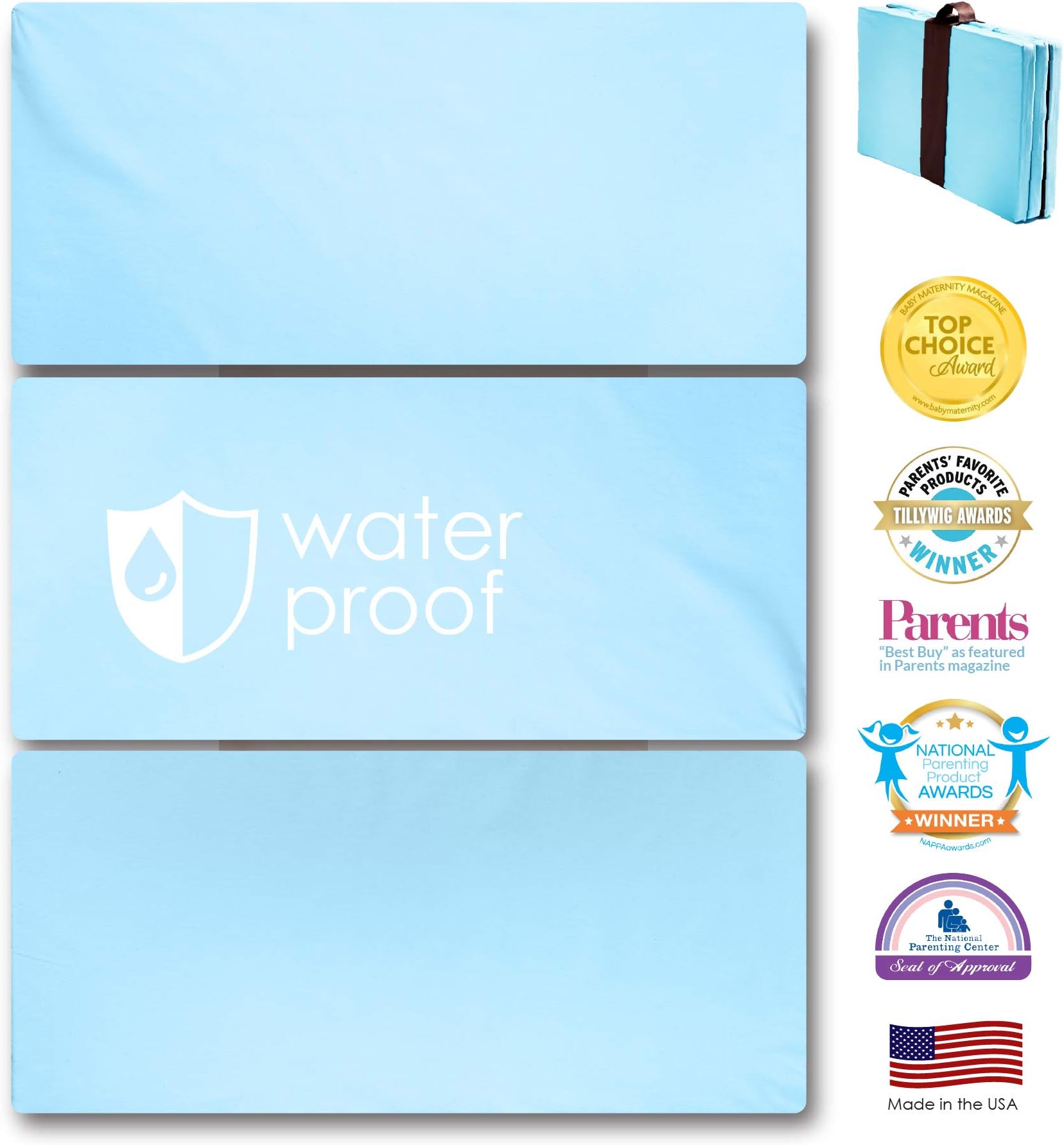 MamaDooKids Waterproof Pack n Play Mattress. Patented and Made in California. 4 National Awards. Safe, Non-Toxic for 0-3 y/o. Multi-use and Portable. Includes Travel and Storage Bag. Aqua