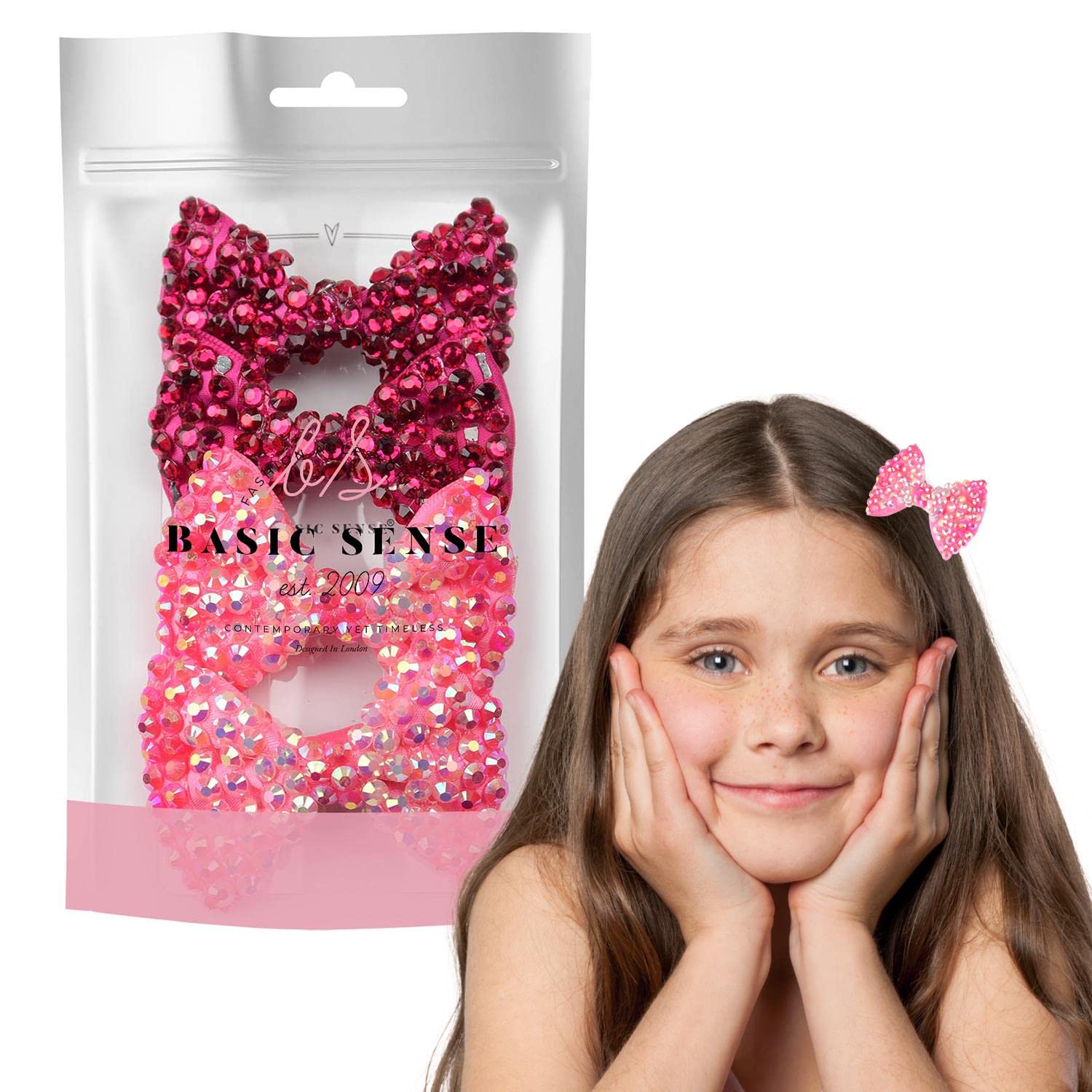 BasicSense 4 Pieces Shiny Rhinestone Small Bow Crocodile Alligator Hair Clips for Girls, Fuchsia - Fuchsia