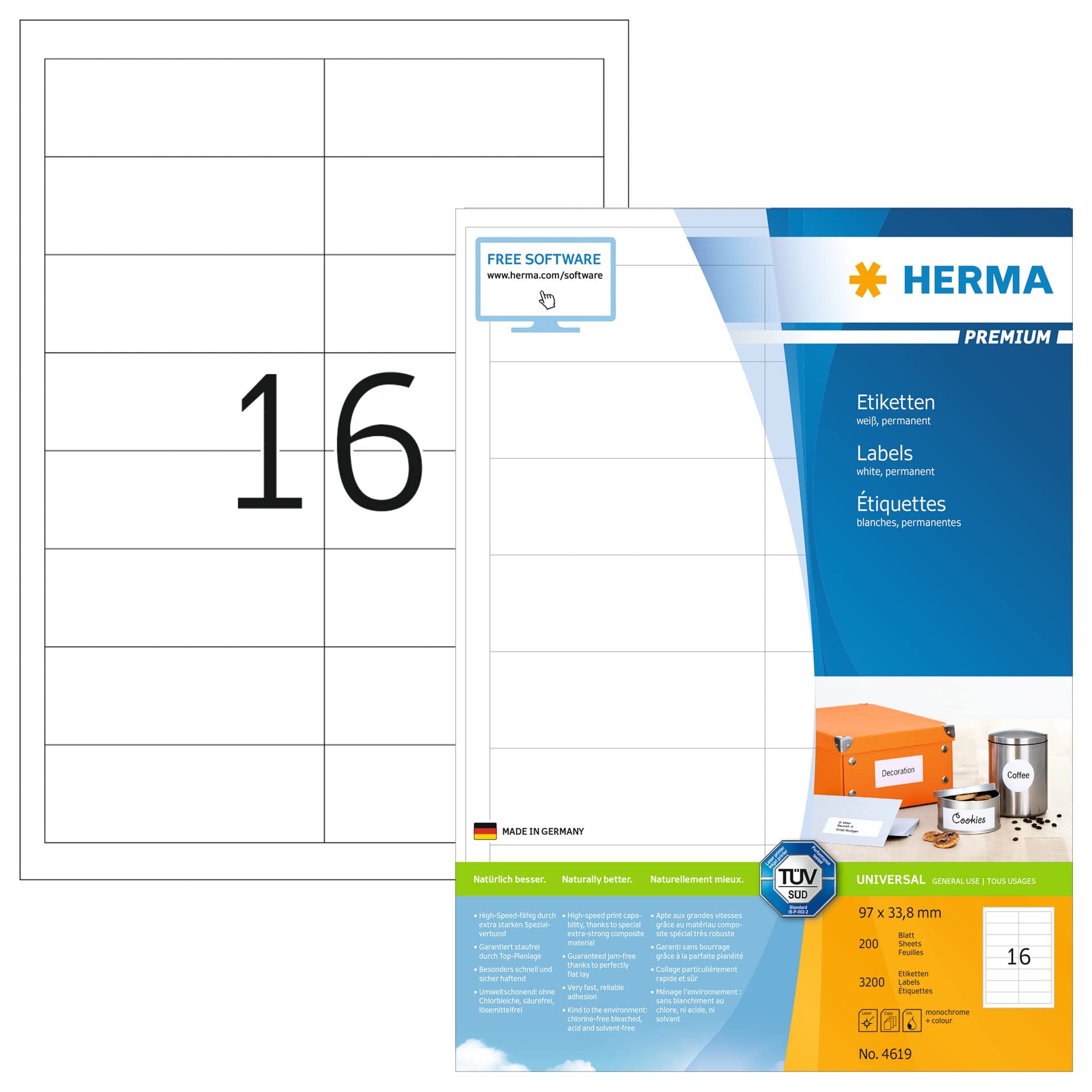 HERMA Self Adhesive Address Labels, 16 Labels per A4 Sheet, 200 Sheets, 97 x 33.8 mm, 3200 Labels, Blank Mailing Labels Stickers, Sticky Labels for Laser & Inkjet Printer, White