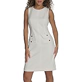 Tommy Hilfiger Womens Sleeveless Jewel Neck Novelty Button Tweed Mini Sheath Dress