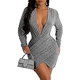 FairBeauty Women's Sexy Sparkly V Neck Long Sleeve Ruched Metallic Bodycon Club Mini Dresses