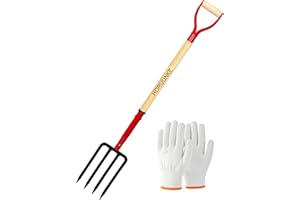 HORIJUNKE Heavy Duty Garden Fork for Digging, 4 Tines Pitch Fork for Gardening Compost, Garden Pitch Fork with Wooden Handle, 45 Inches-Red