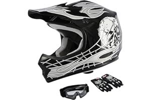 TCMT Dot Youth & Kids Motocross Offroad Street Helmet Black Skull Motorcycle Youth Helmet Dirt Bike Motocross ATV Helmet+Goggles+Gloves M