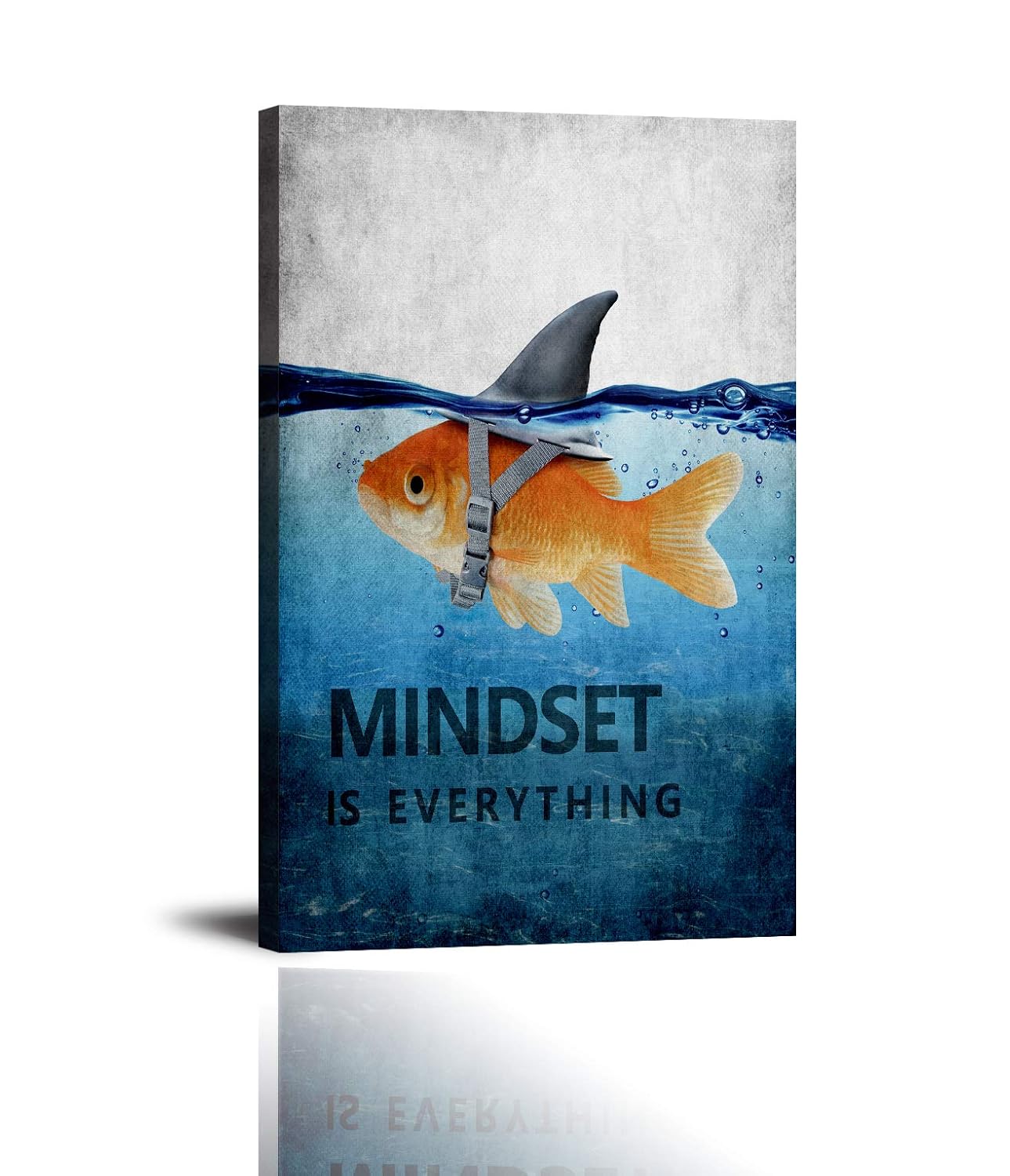 Inspirational Wall Art Posters Mindset is Everything Canvas Painting Goldfish Shark Pictures Print Poster Artwork Wooden Home Decor for Living Room Bedroom Office Framed Ready to Hang (24”Wx36”H)