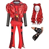 Yuiui Girls Red Costume Set Jacket Shirt Flared Pants Wig Gloves 5pcs Outfit Halloween Christmas Party 3-14Y