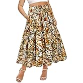 CARCOS Plus Size Skirts for Curvy Women Elastic High Waist Boho Maxi Skirt Pleated A-Line Tiered Long Skirts with Pockets