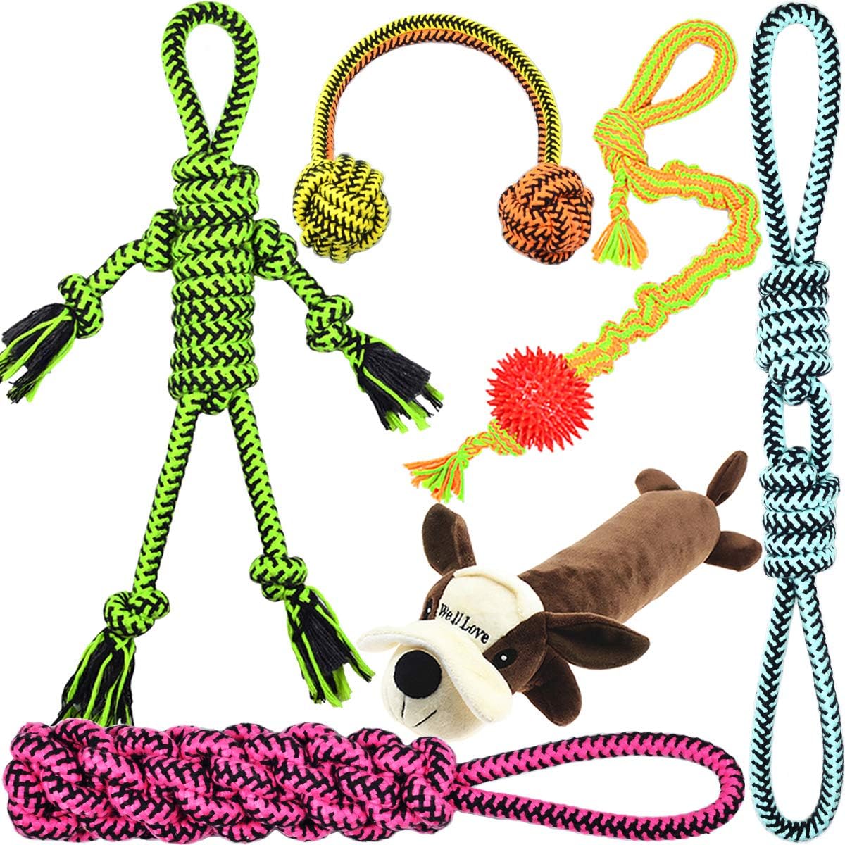 Pet Supplies : [Upgrade Version] Well Love Dog Toys - Chew Toys - 100 Natural Cotton Rope - Squeak Toys - Dog Balls - Dog Bones - Plush Dog Toy - Dog Ropes - Tug of War Ball - Toys for Dog 6pack Set : 