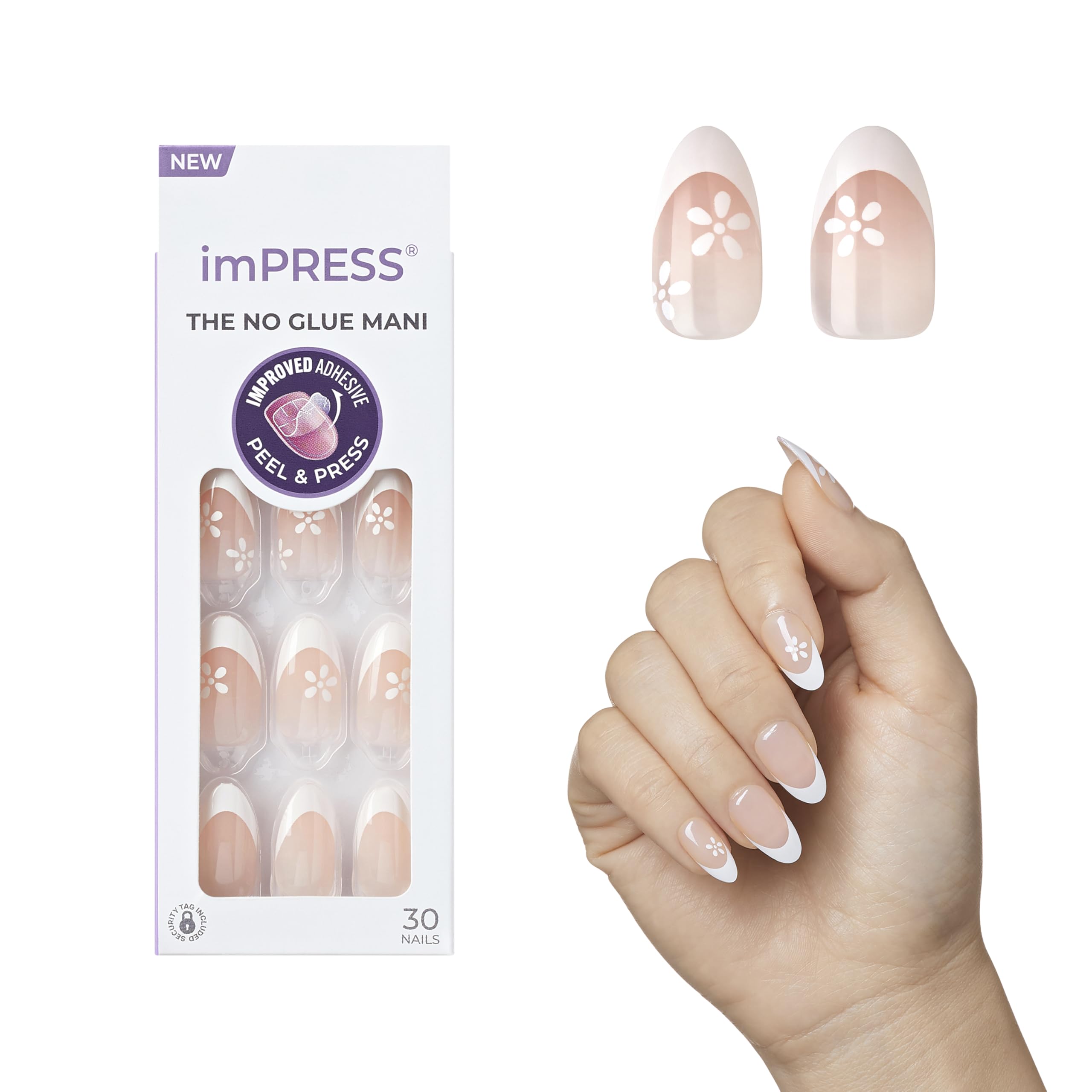 KISS imPRESS No Glue Press-On Nails, French, 'Fearless', Light Neutral + White Tip French, Medium Size, Almond Shape, Includes 30 Nails, Prep Pad, Instructions Sheet, 1 Manicure Stick, 1 Mini File