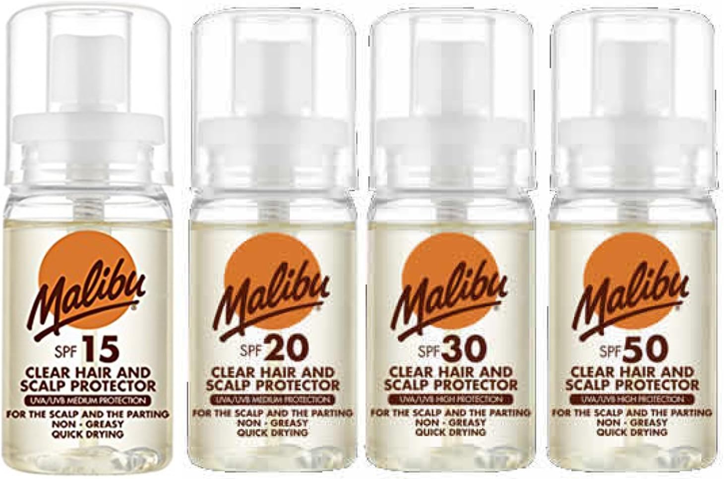 MALIBU CLEAR HAIR & SCALP PROTECTION SPRAYS 50ml HIGH & MEDIUM ALL SPF AVAILABLE SPF 15, SPF 20, SPF 30, SPF 50 (SPF 50)