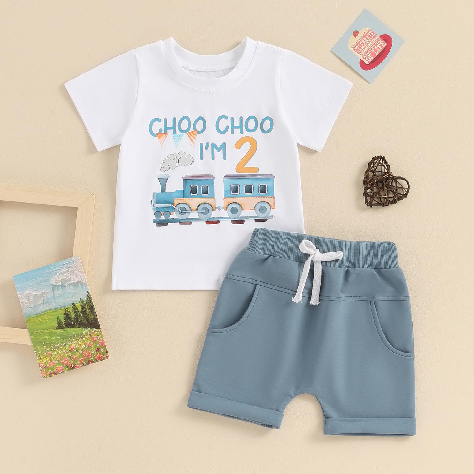 CREAIRY Toddler Baby Boy 2nd 3rd Birthday Outfit Choo Choo I'm Two Train Short Sleeve T-Shirt Tops Shorts Set Summer Clothes