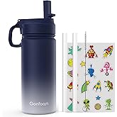 Kids Water Bottle, 16oz Kids Water Bottle with Stickers for School, insulated Stainless Steel Straw Cup(Blue/Gray)