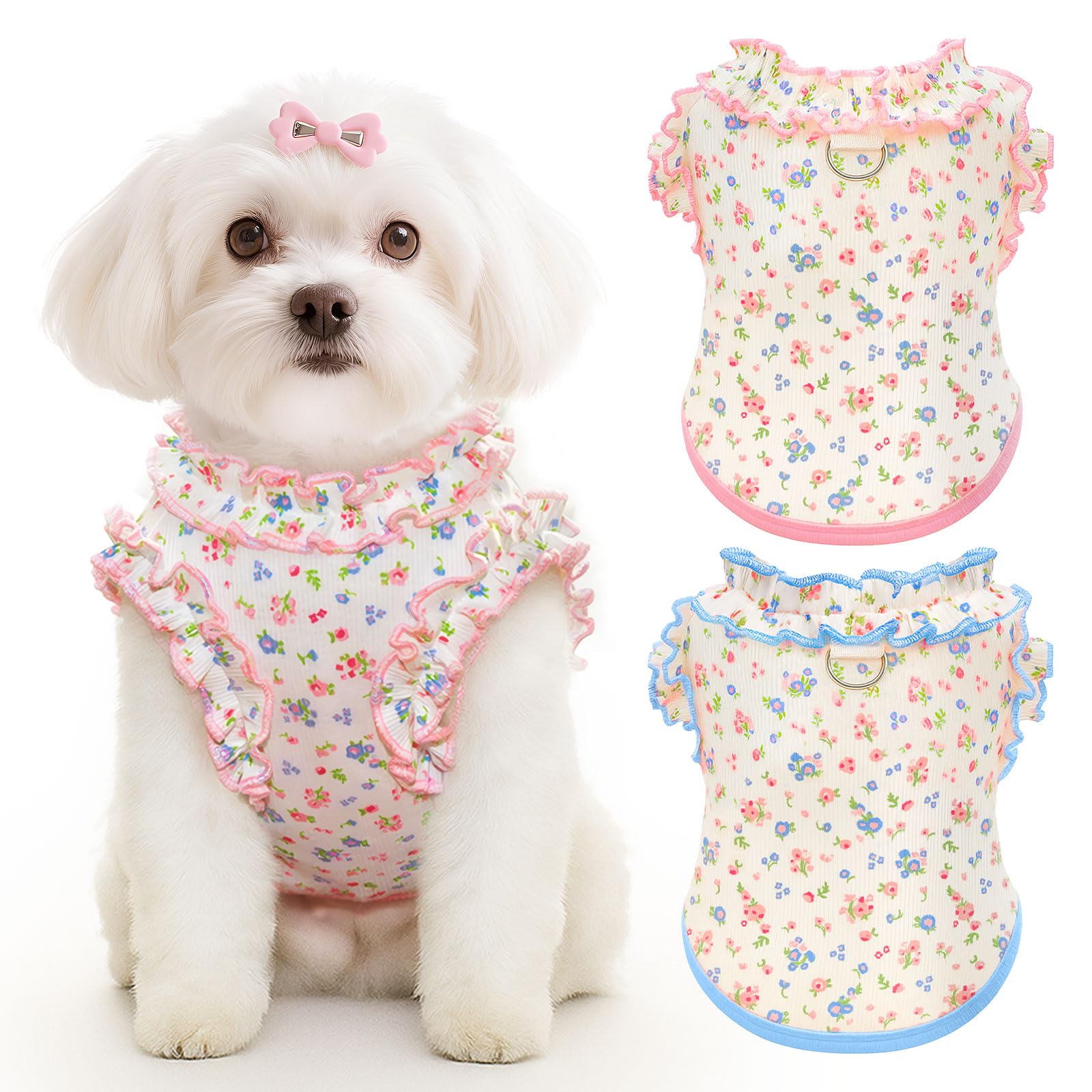 Photo 1 of 2 Pack Dog Shirt for Small Dogs Breathable Summer Clothes with Ruffled Sleeves Dog Tshirt Stretchy Pet Tee for Puppies Sphynx Cats Kitten Frenchie Dachshund(Pink&Blue,Small)