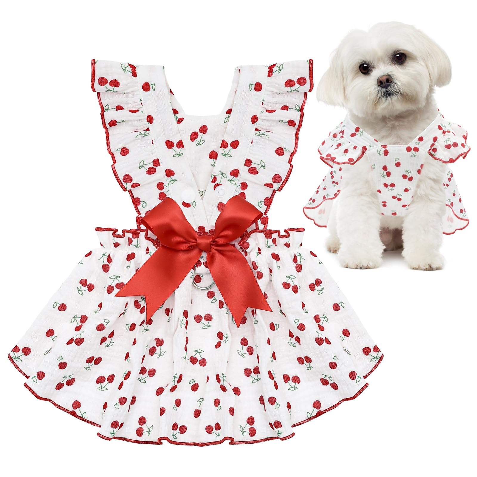 Photo 1 of CuteBone Cotton Dog Dress Cherry with Leash Ring & Sleeve Ruffles, Soft & Breathable, Stylish Pet Clothes Outfit for Small Dogs, Comfortable & Easy to Wear CFX01S