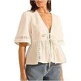 SweatyRocks Women's Half Sleeve Peplum Blouses Boho Summer Deep V Neck Ruffle Tops