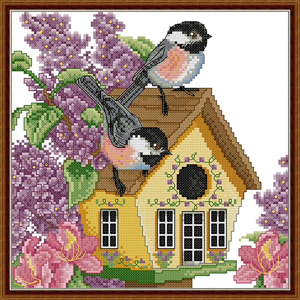 OWN4B Cross Stitch Kits Pre Printed, Little Bird House Stamped Pattern 11CT 13.8x13.8 inch DIY Embroidery Kit (Bird)