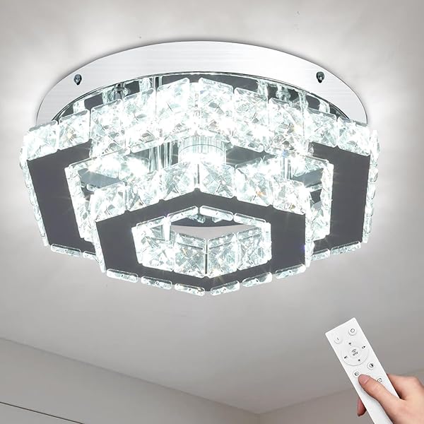CXGLEAMING MODERN CHANDELIER CRYSTAL FLUSH MOUNT CEILING LIGHT LED PENDANT LAMP DIMMABLE CHANDELIER FOR DINING ROOM LIVING ROOM BEDROOM KITCHEN HALLWAY(REMOTE CONTROL)