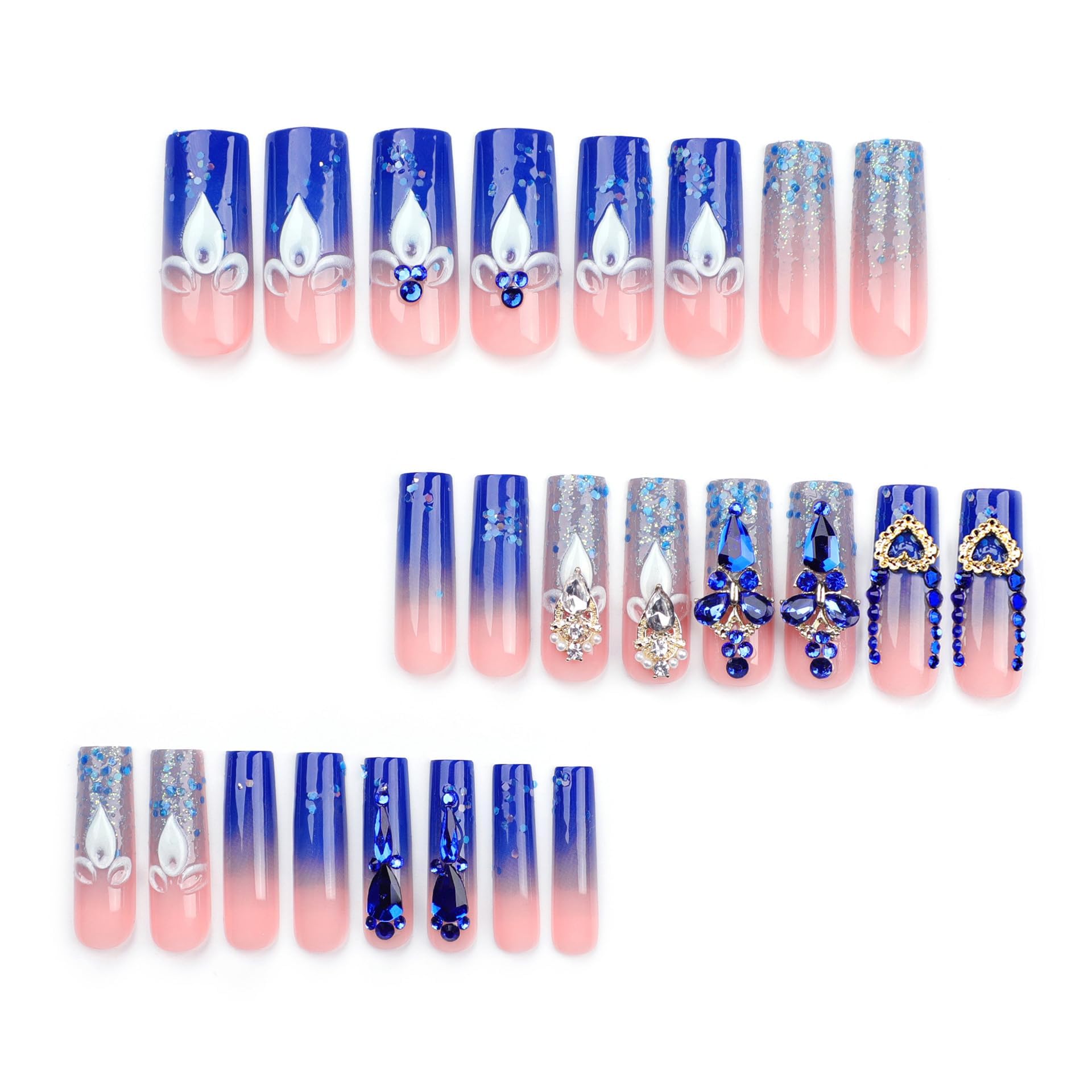 QQPPOLIU Royal Blue Press on Nails Long Length Square Shape Acrylic Fake Nails with Rhinestones Designs False Nails Mother'S Day Gift 24pcs - Image 4