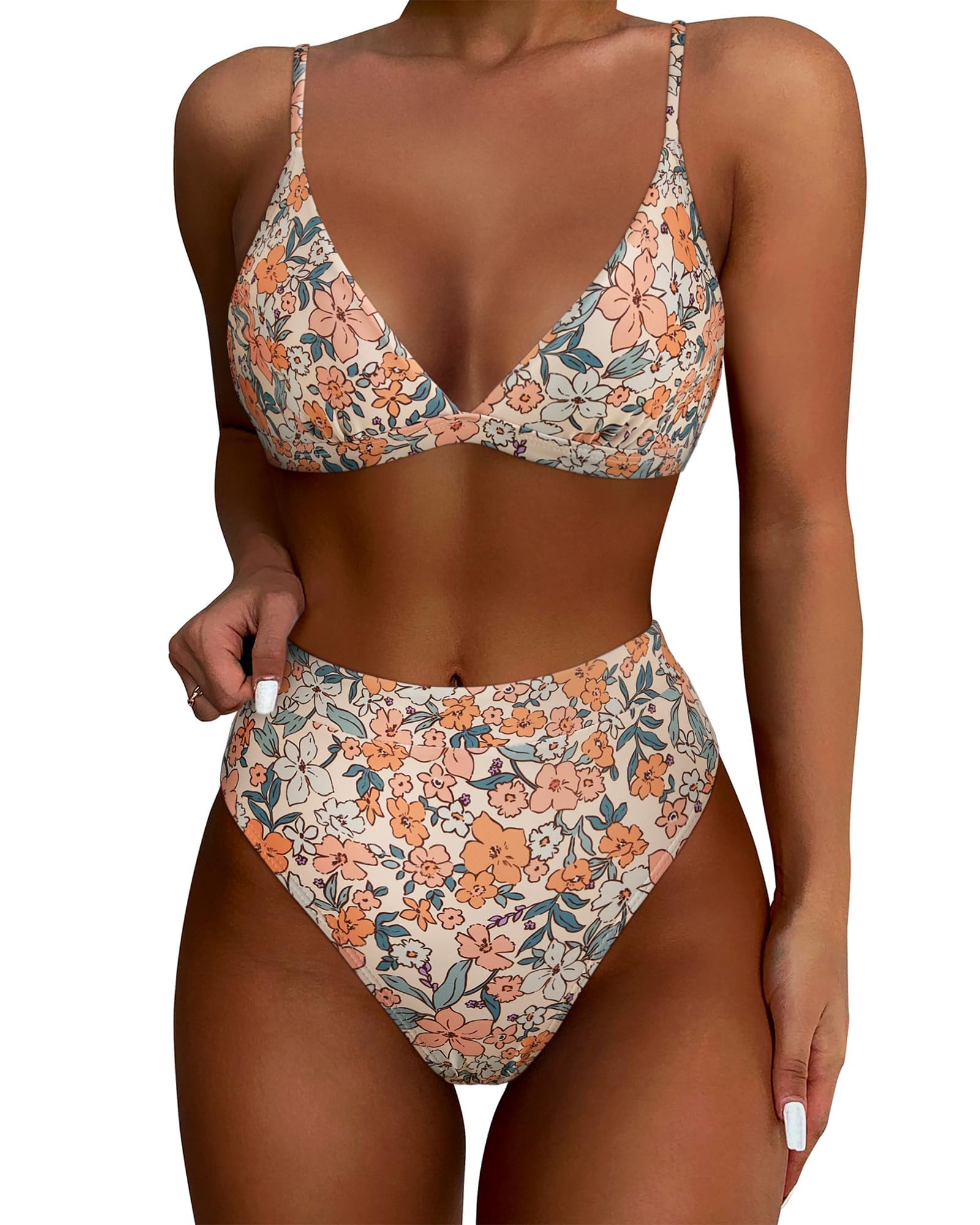 Photo 1 of *** STOCK PHOTO SIMILAR NOT EXACT **** SUUKSESS Women Sexy High Waisted Two Piece Bikini Sets Triangle High Cut Swimsuit Push Up Bathing Suit (Yellow Floral, M)