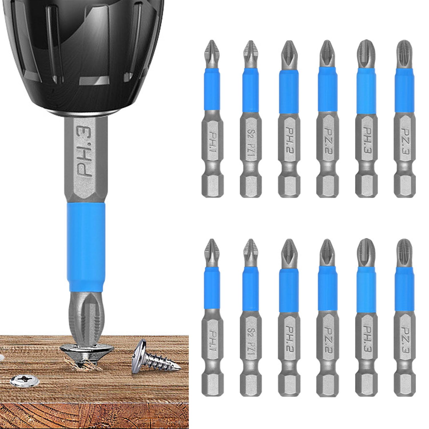 ANBOO 12-Piece Magnetic Phillips Pozidriv Screwdriver Bit Set, PH/PZ Bits 1/4 Inch 50 mm Hex Shank, Accessories Drill and Screwdriver Length