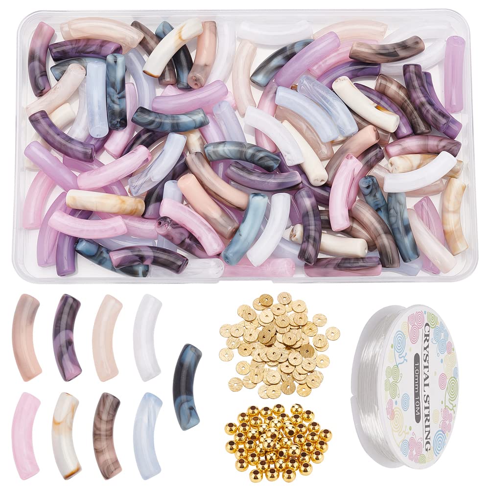 NBEADS 250 Pcs Acrylic Curved Tube Beads Making Kit, 2 Styles 100 Pcs Colorful Imitation Gemstone Acrylic Beads 50 Pcs Round Brass Beads 100 Pcs Heishi Spacer Beads for Craft Jewelry Making