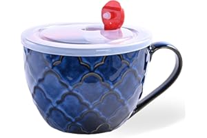 Ceramic Soup Bowl with Handle, 24 oz Microwave Safe Soup Mug/Cup with Lid, Large Ceramic Mug for Coffee, Cereal, Oatmeal, Sal