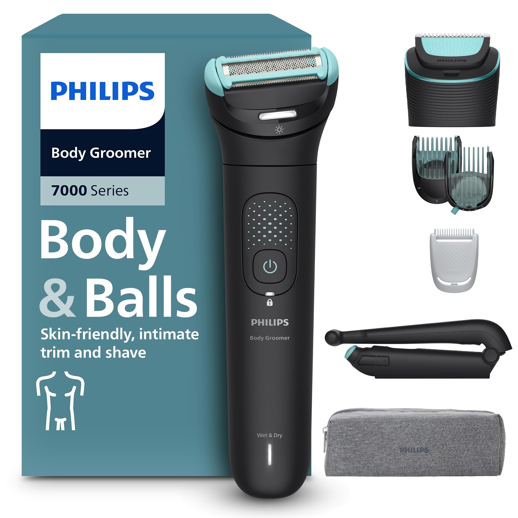 Philips Bodygroom série 7000 - tondeuse hommes avec tête flexible 2D, système de rasage Triple protection, têtes interchangeables, zones intimes, 100% étanche, autonomie 120 min, modèle BG7480/15