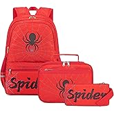 Octsky Kids School Backpack with Lunch Box Pencil Case for Boys, Spider Elementary Middle School Book Bags for Teen Boy Children, Red Black