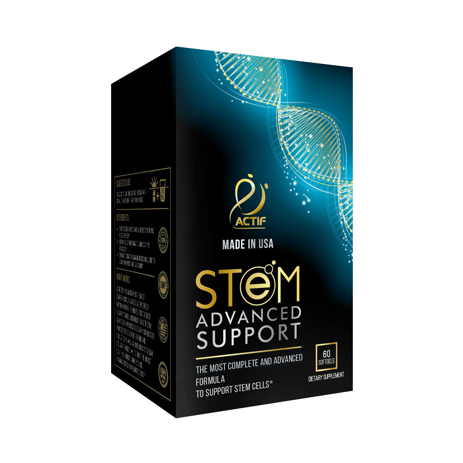 ACTIF STEM Cell Support - Maximum Strength with 10+ Stem Cell Factors, Non GMO, 2 Month Supply, Made in USA
