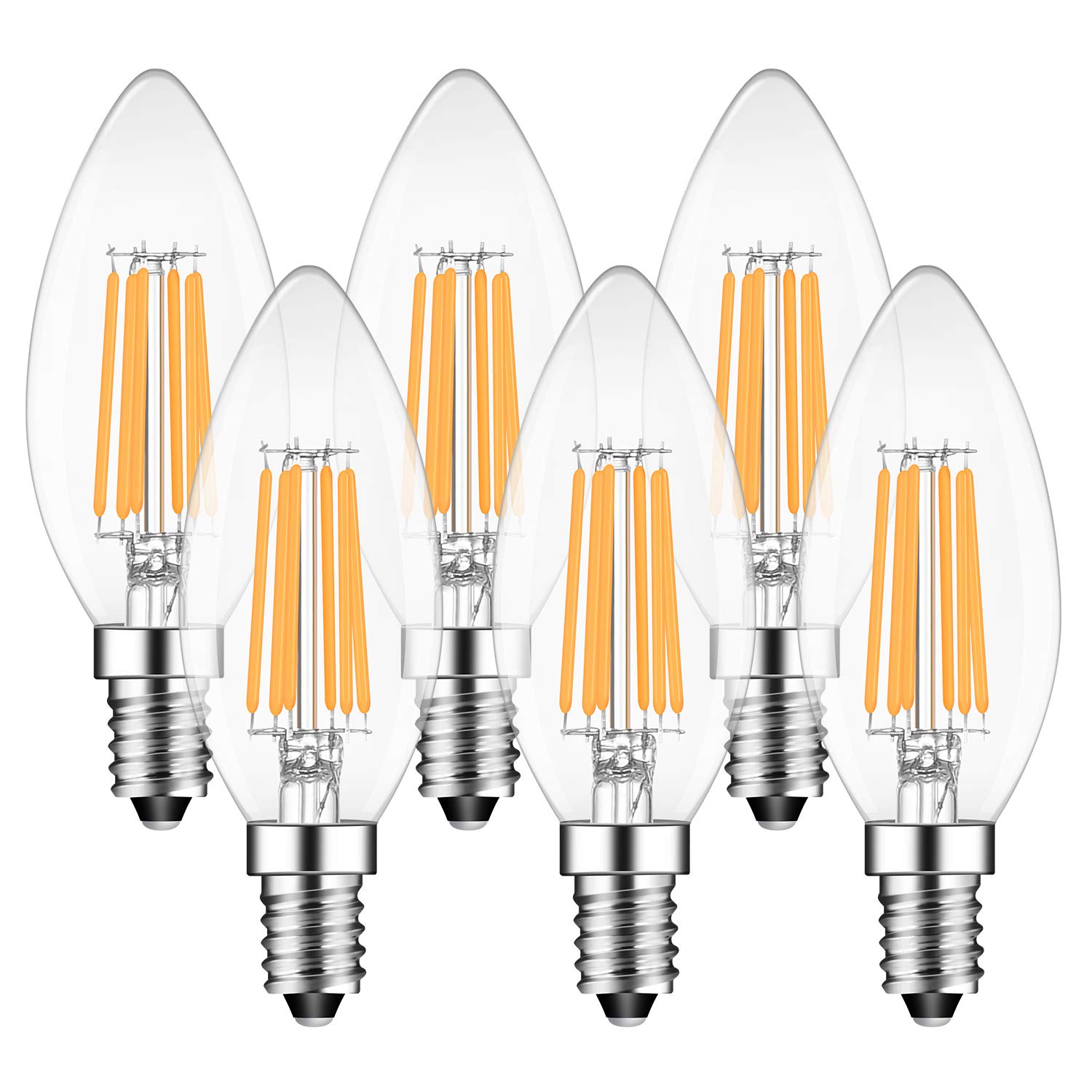 BINGSHION E14 6W LED Candle Bulbs, 60W Incandescent Bulb Equivalent, 2700K Warm White, 600lm, C35 Light Bulbs, Non-Dimmable, Pack of 6