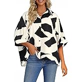 Vrtige Women's Casual Stripe Button Down Collar V Neck Half Sleeve Loose Blouse Shirt Top