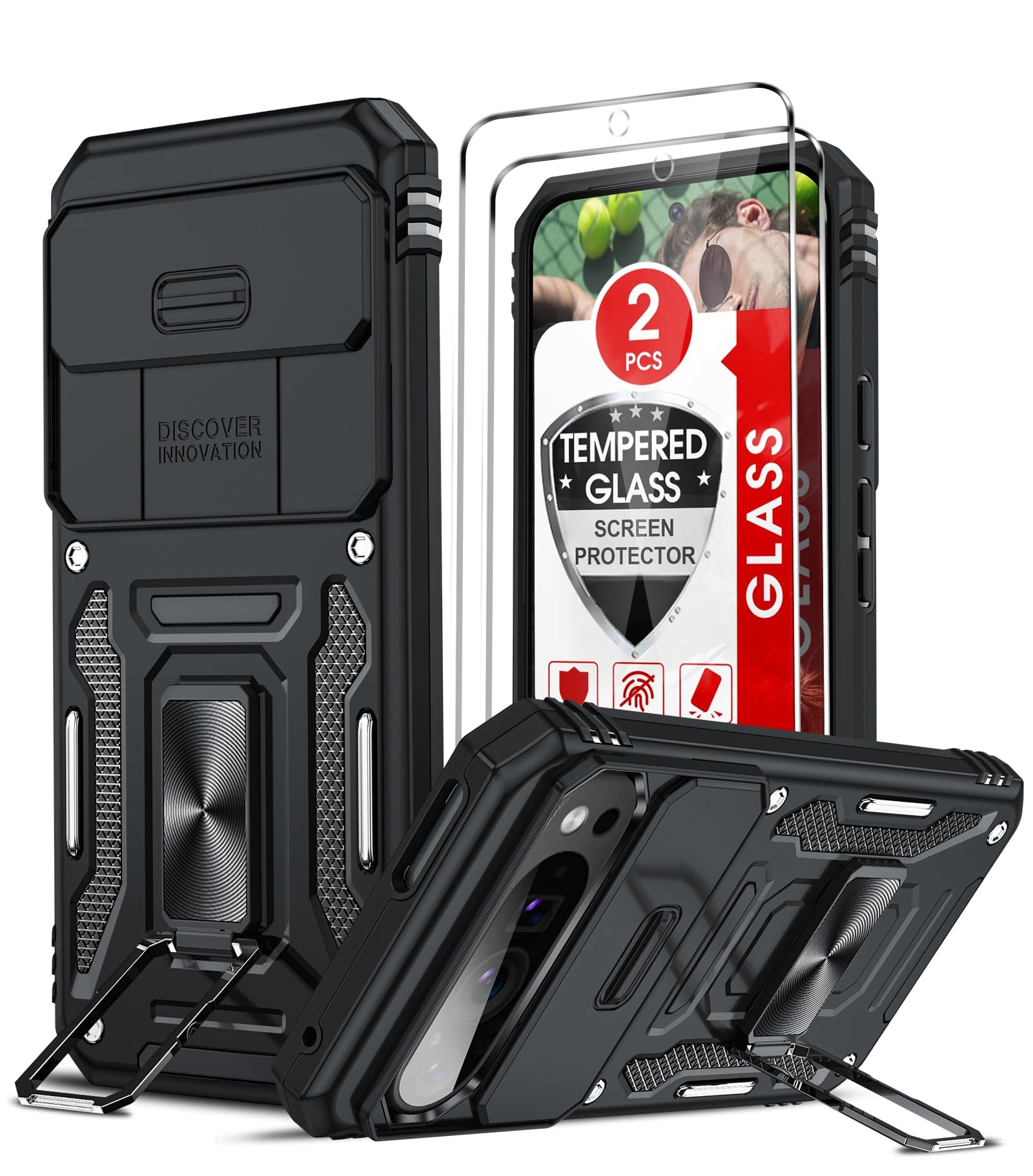 LeYi for Google Pixel 9 / Pixel 9 Pro Case: Pixel 9 Phone Case with Camera Lens Cover Slider, 2 Pack Screen Protectors, Ring Stand Holder Military Protective Shockproof Armour Phone Cover, Black