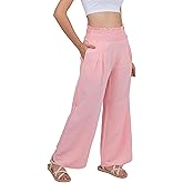LOFBAZ Women Linen Wide Leg Palazzo Pants Flowy Casual Boho Trousers High Waist Beach Lounge Long Pant with Pockets