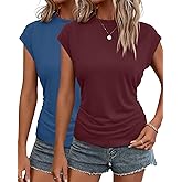 INNOVATOP 2Pack Womens Fall Cap Sleeve Tops Business Casual Crewneck Ruched T Shirts Trendy Outfits Beach Vacation Clothes