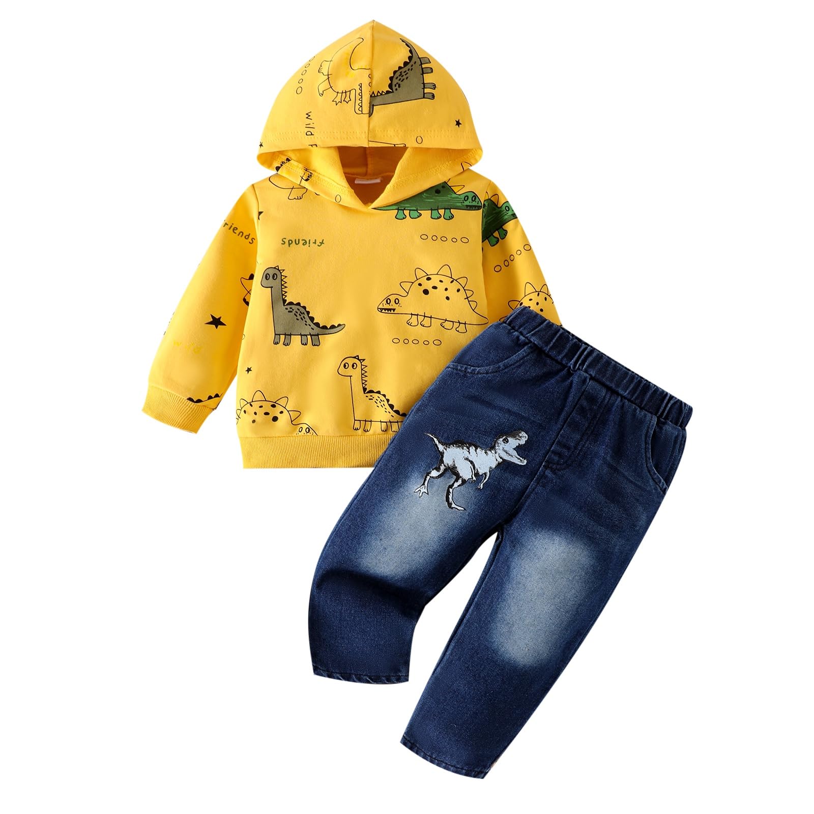 Photo 1 of 24 Months Boy Clothes Toddler Dinosaur Pullover Sweatshirt Hoddie Long Sleeve Infant Casual Pocket Jeans Pants Fall Winter Outfits Set Yellow 2-3 Years Old